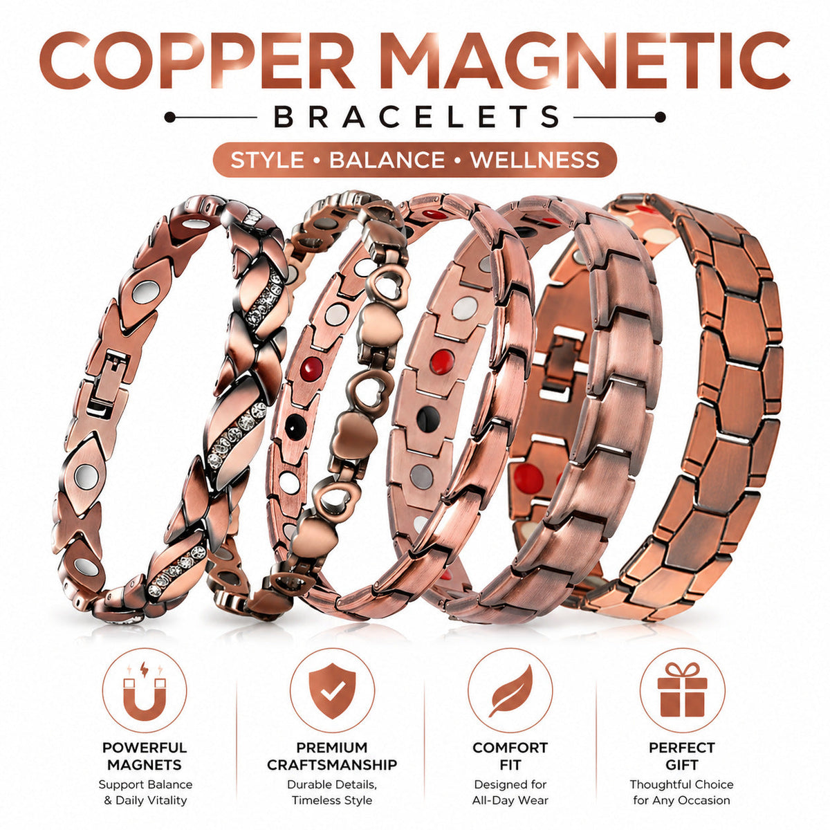 Men's Bronze Magnet Retro Wide Row Full Bracelet